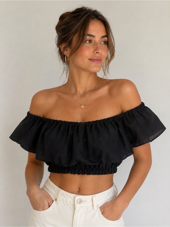 Banana Republic Tops - Banana Republic Off‑Shoulder Ruffle Crop Top – Black, Size XS